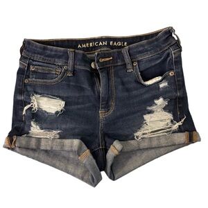 American Eagle Outfitters Women's Ripped Jean Shorts - Dark Blue
